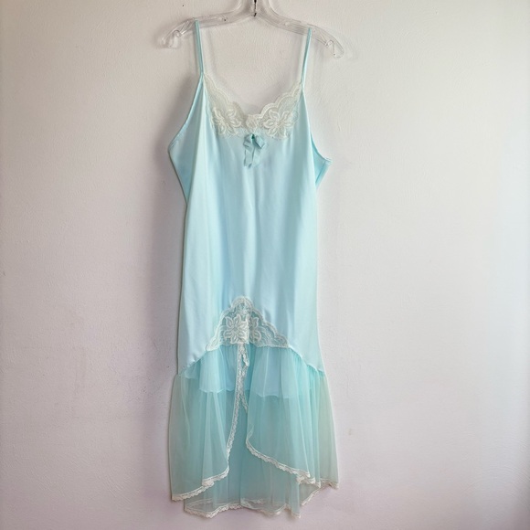 Vintage Baby Blue Satin Lace Chiffon Ethereal Peignoir Slip Nightgown Dress - Picture 11 of 14
